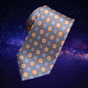 $550 BRIONI Gray Blue Orange Foulard Formal Medallion Geometric Silk Tie Italy